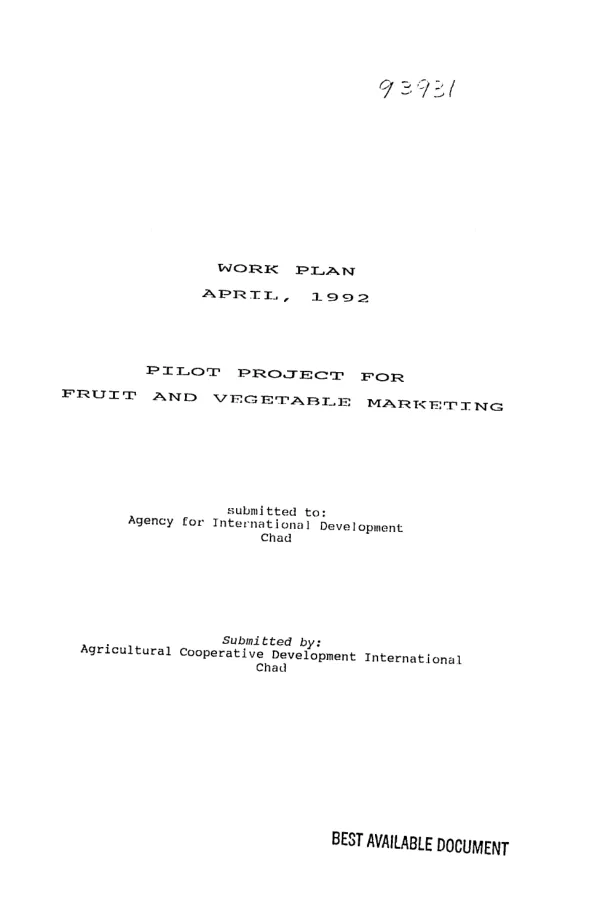 Pilot project for fruit and vegetable marketing : work plan