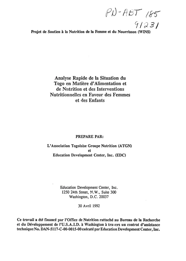 Analyse rapide de la situation du Togo en matiere d"alimentation et de nutrition et des interventions nutritionnelles en faveur des femmes et des enfants