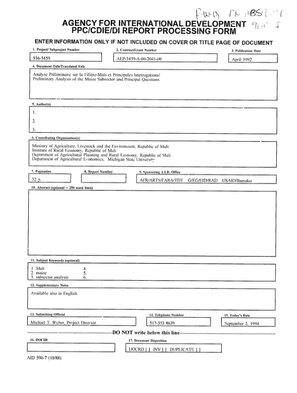 Analyse preliminaire sur la filiere - mais et principales interrogations