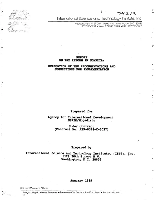 Report on tax reform in Somalia : evaluation of the recommendations and suggestions for implementation