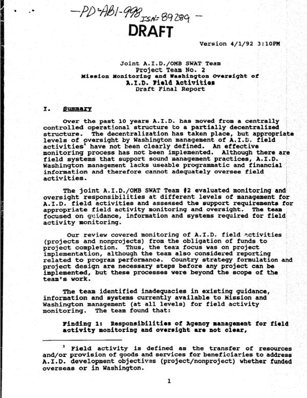 Joint AID/OMB SWAT Team, Project Team No. 2 : Mission monitoring and Washington oversight of AID field activities -- draft final report