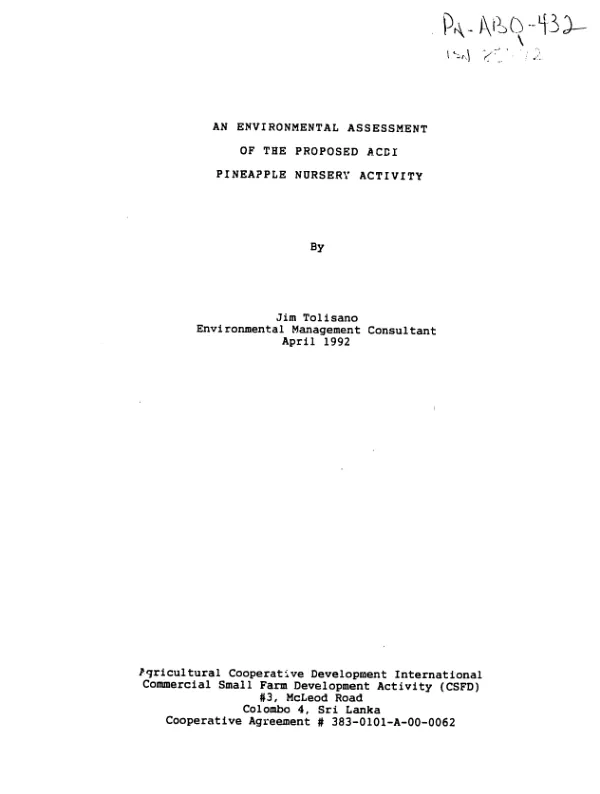 Environmental assessment of the proposed ACDI pineapple nursery activity
