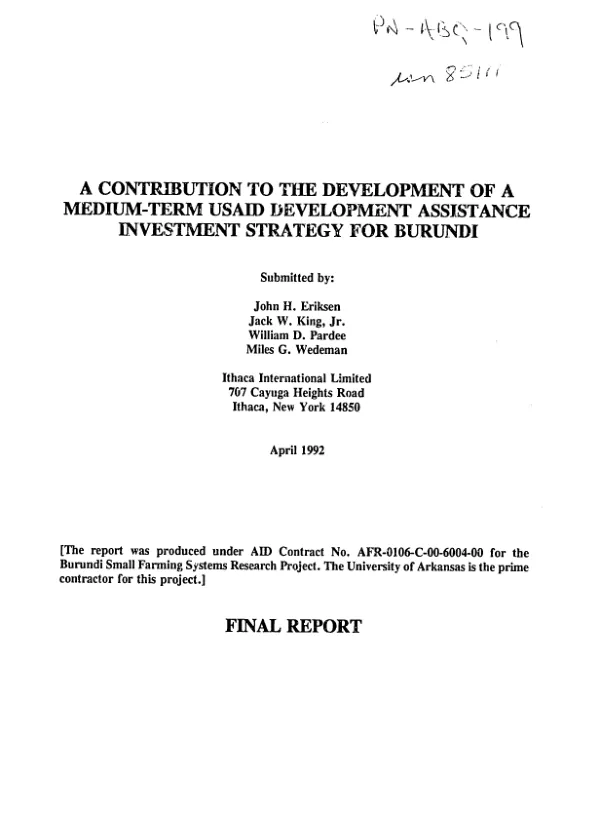 Contribution to the development of a medium-term USAID development assistance investment strategy for Burundi