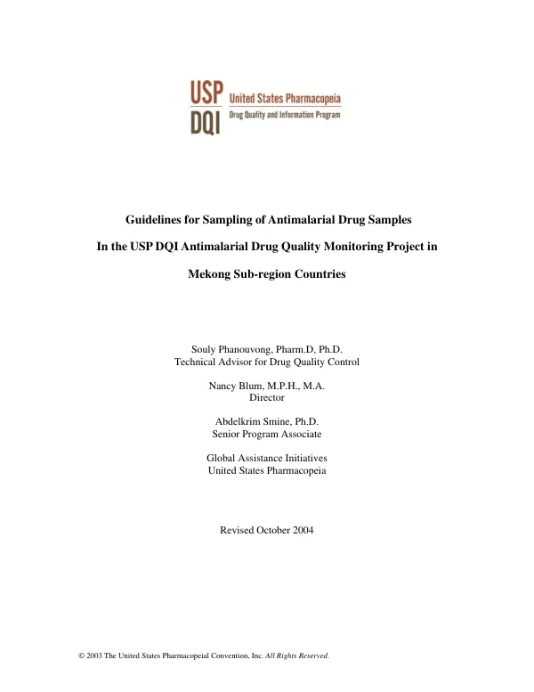 Guidelines for sampling of antimalarial drug samples in the USP DQI antimalarial drug quality monitoring project in Mekong sub-region countries