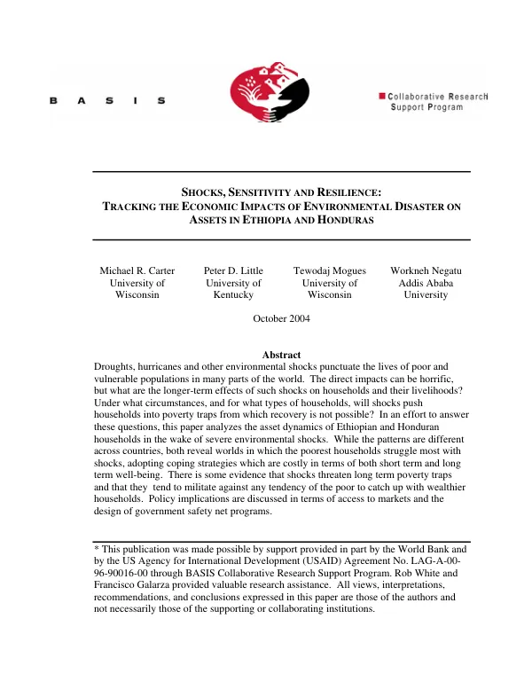 Shocks, sensitivity and resilence : tracking the economic impacts of environmental disaster on assets in Ethiopia and Honduras