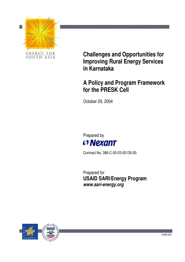 Challenges and opportunities for improving rural energy services in Karnataka[, India] : a policy and program framework for the PRESK cell
