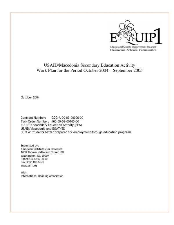 USAID/Macedonia secondary education activity : work plan for the period October 2004-September 2005