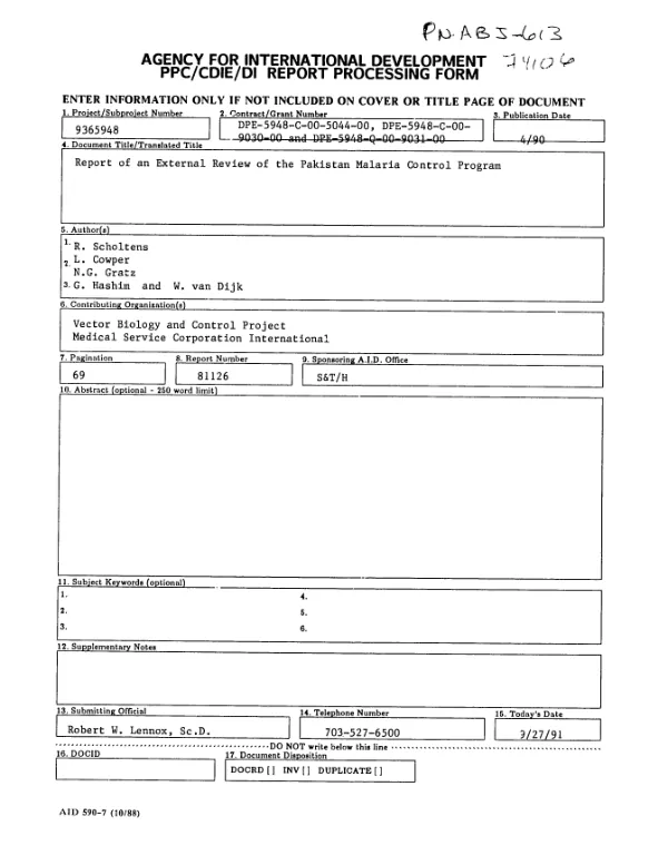 Report of an external review of the Pakistan malaria control program : Islamabad, March 4-26 1990