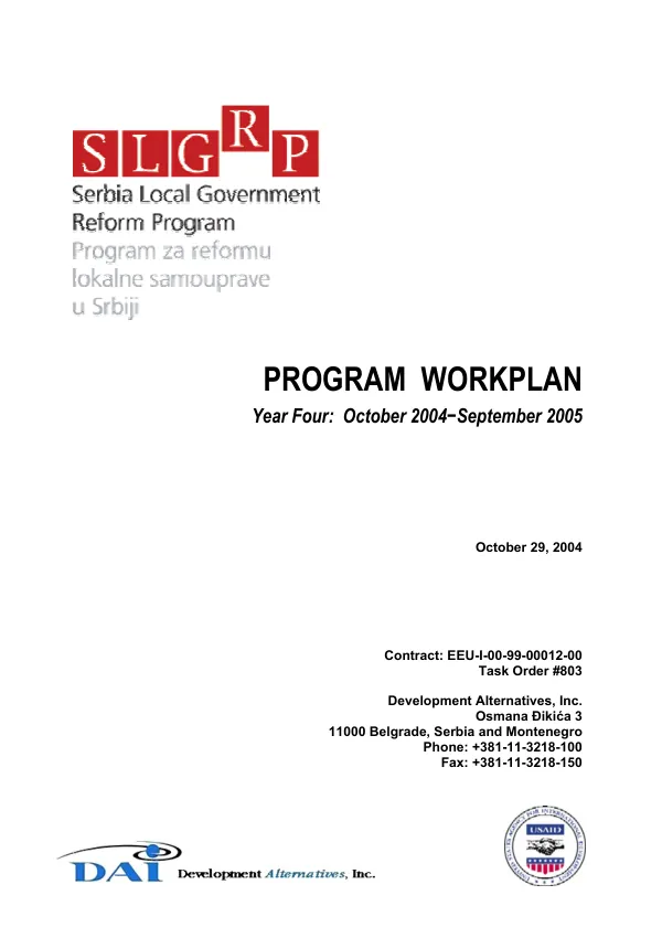 Serbia local government reform program (SLGRP) : program workplan -- year four, October 2004-September 2005