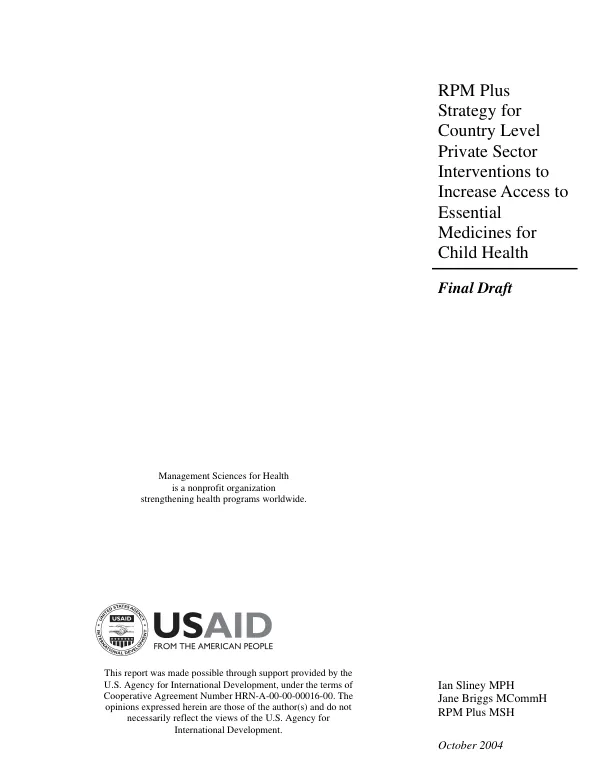 Final draft : RPM plus strategy for country level private sector interventions to increase access to essential medicines for child health : final draft