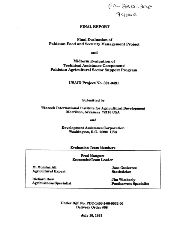 Final evaluation of Pakistan food and security management project and midterm evaluation of technical assistance component/Pakistan agricultural sector support program