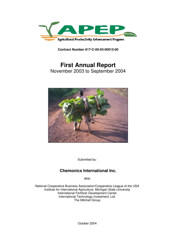 APEP, agricultural productivity enhancement program : first annual report, November 2003 to September 2004