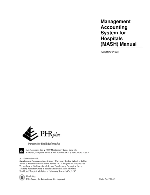 Management accounting system for hospitals (MASH) manual