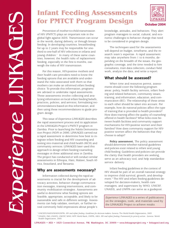 Infant feeding assessments for PMTCT [prevention of mother-to-child transmission of HIV] program design
