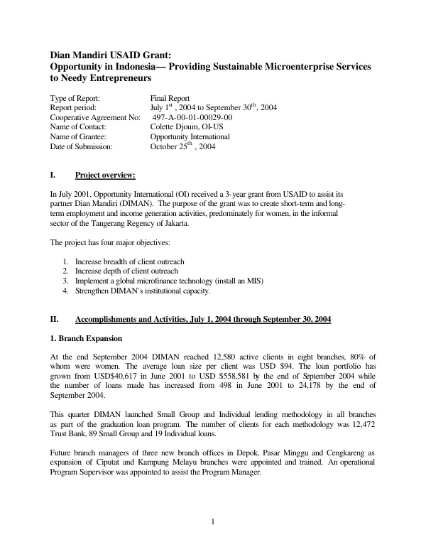 Dian Mandiri [DIMAN] USAID grant : Opportunity in Indonesia -- providing sustainable microenterprise services to needy entrepreneurs [: final report]