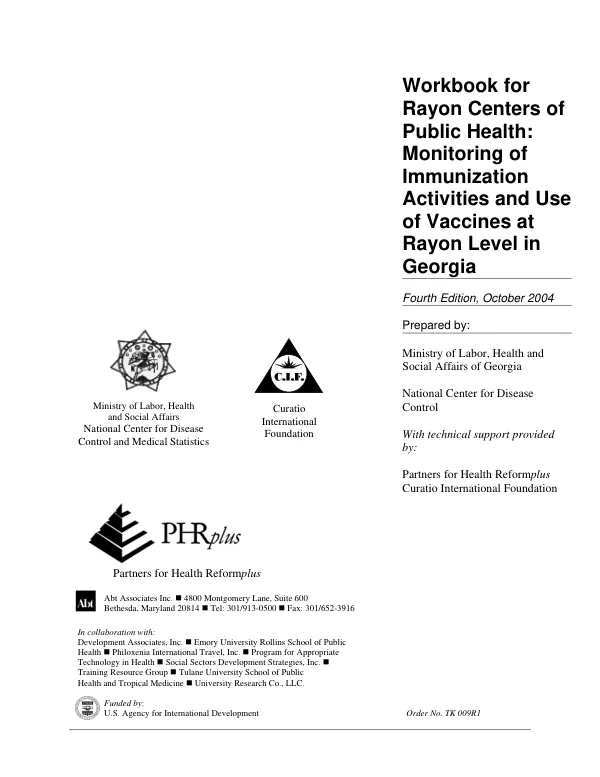 Workbook for rayon centers of public health : monitoring of immunization activities and use of vaccines at rayon level in Georgia