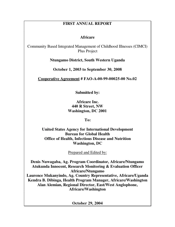 First annual report : Africare -- community based integrated management of childhood illnesses (CIMCI) plus project : Ntungamo District, South Western Uganda -- cooperative agreement no. FAO-A-00-99-00025-00 no. 02
