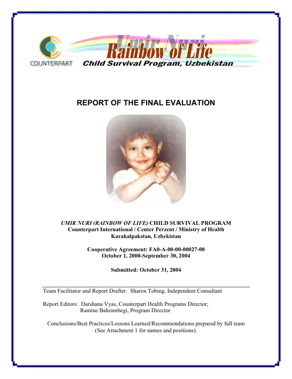 Rainbow of life (Umir nuri) child survival program, Uzbekistan : report of the final evaluation