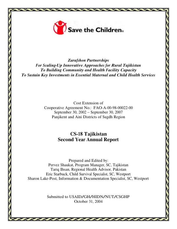 Zarafshon partnerships for scaling-up innovative approaches for rural Tajikistan to building community and health facility capacity to sustain key investments in essential maternal and child health services : CS-18 Tajikistan -- second year annual report
