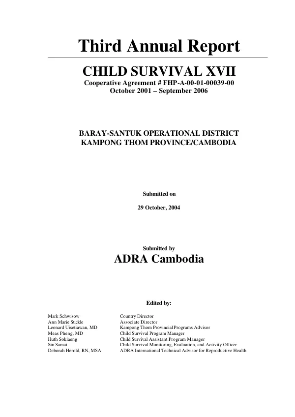Third annual report : child survival XVII -- Baray-Santuk operational district, Kampong Thom Province/Cambodia