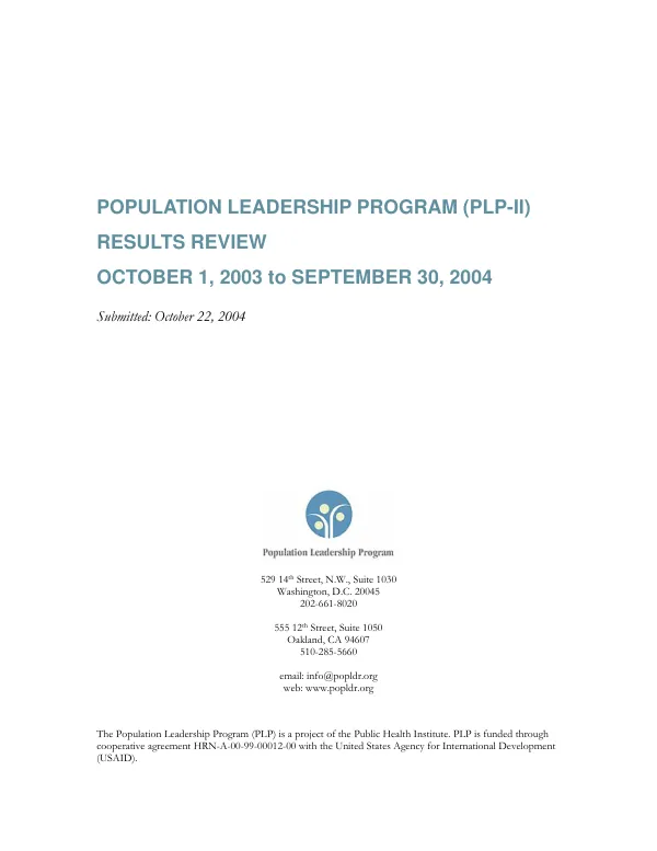 Population leadership program (PLP-II) : results review -- October 1, 2003 to September 30, 2004