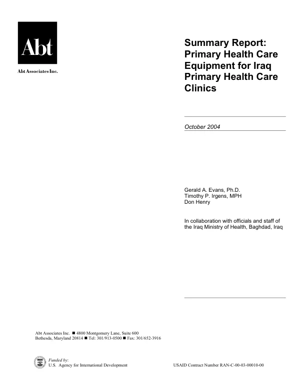Summary report : primary health care equipment for Iraq -- primary health care clinics