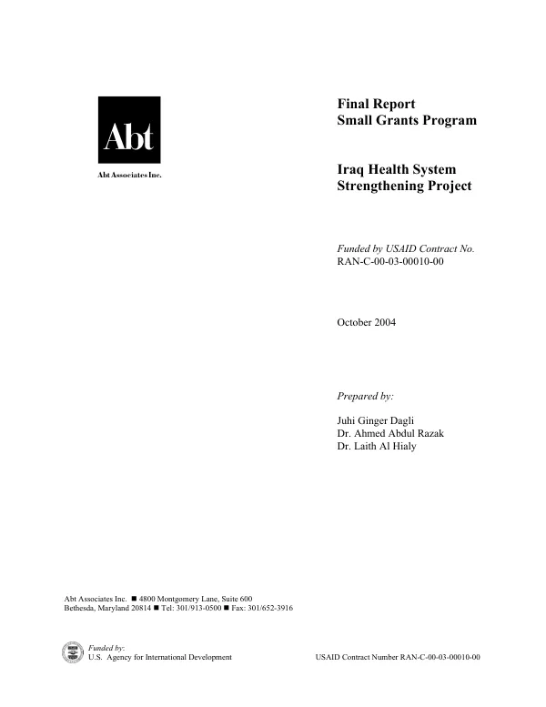 Final report, small grants program : Iraq health system strengthening project