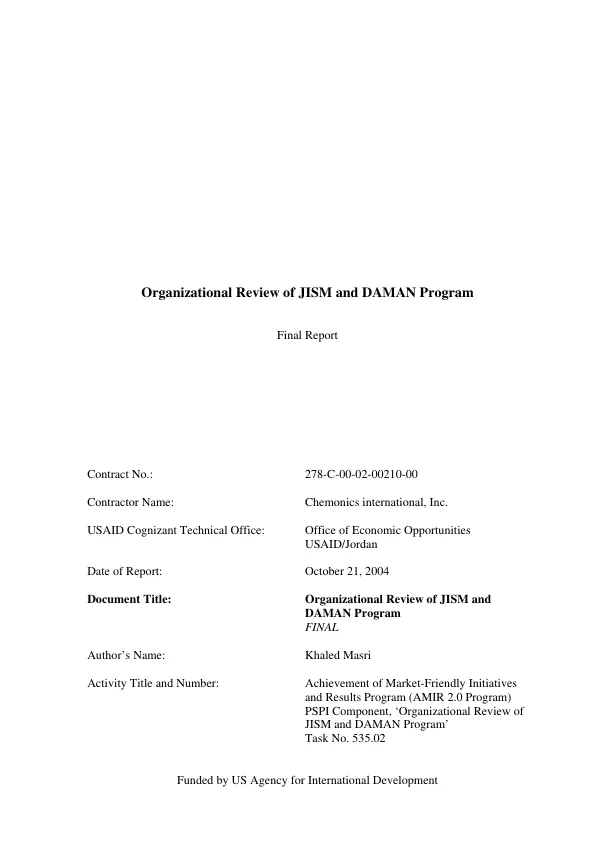 Organizational review of JISM (Jordan Institution for Standards and Metrology) and DAMAN [pre-shipment inspection] program : final report