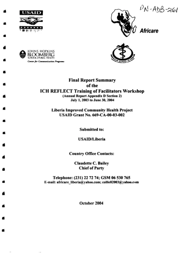 Final report summary of the ICH [improved community care] REFLECT training of facilitators workshop : (annual report appendix D section 2), July 1, 2003 to June 30, 2004 -- Liberia improved community health project, USAID grant no. 669-CA-00-03-002 [i.e. 669-A-00-03-00002-00]