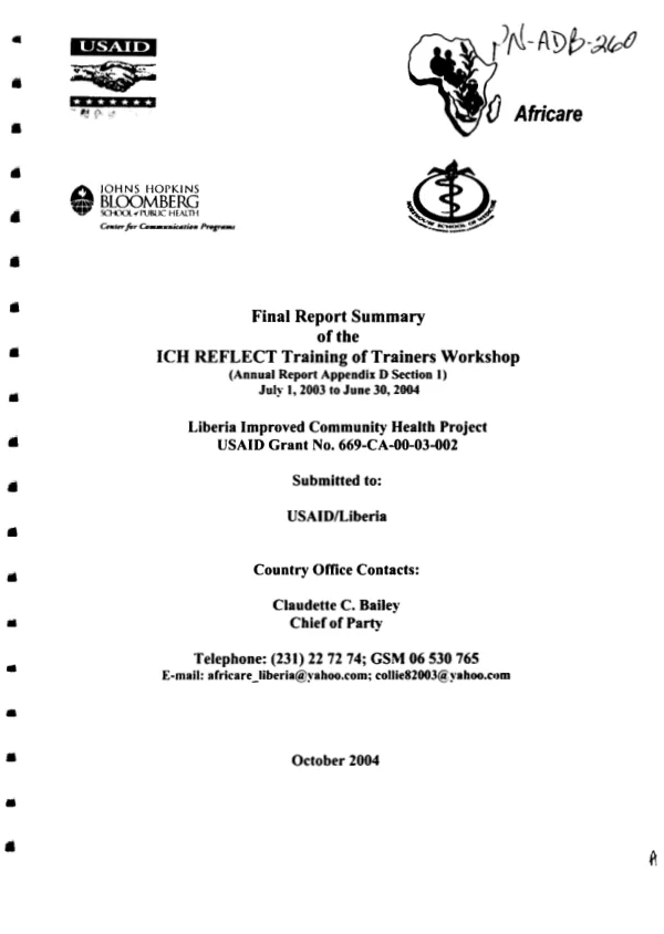 Final report summary of the ICH [improved community care] REFLECT training of trainers workshop : (annual report appendix D section 1), July 1, 2003 to June 30, 2004 -- Liberia improved community health project, USAID grant no. 669-CA-00-03-002 [i.e. 669-A-00-03-00002-00]