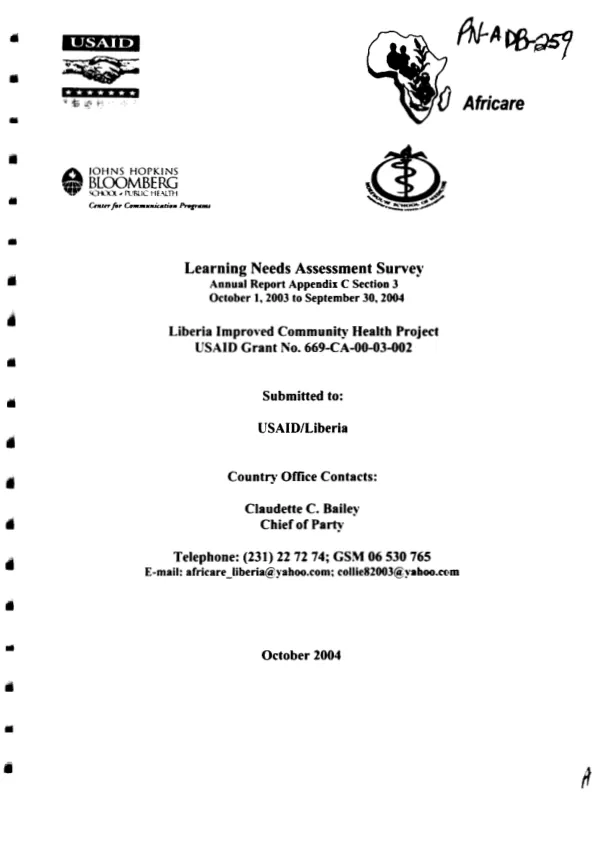Learning needs assessment [facility-based] survey : annual report appendix C section 3, October 1, 2003 to September 30, 2004 -- Liberia improved community health project, USAID grant no. 669-CA-00-03-002 [i.e. 669-A-00-03-00002-00]