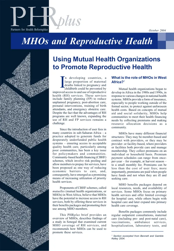 MHOs and reproductive health : using mutual health organizations to promote reproductive health