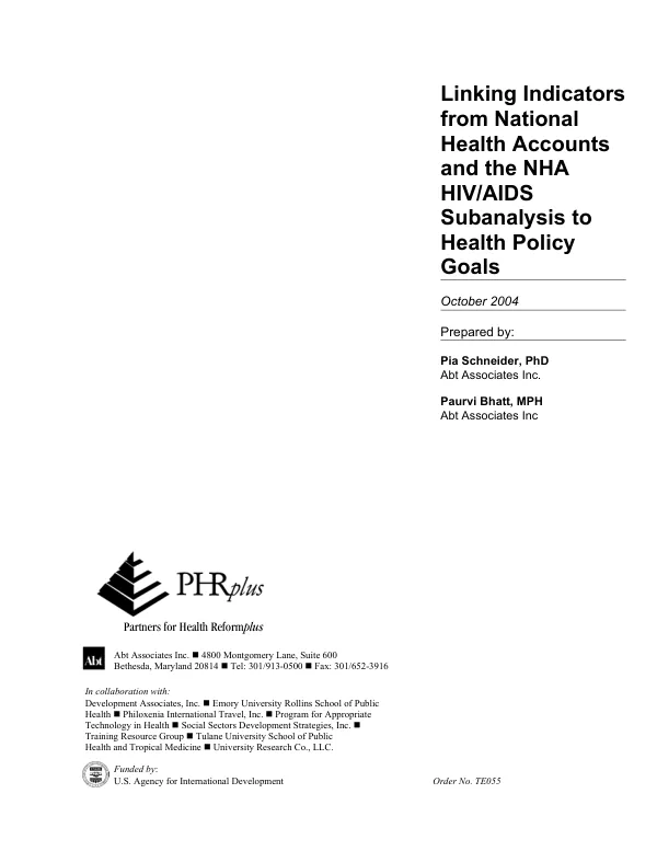 Linking indicators from national health accounts and the NHA HIV/AIDS subanalysis to health policy goals