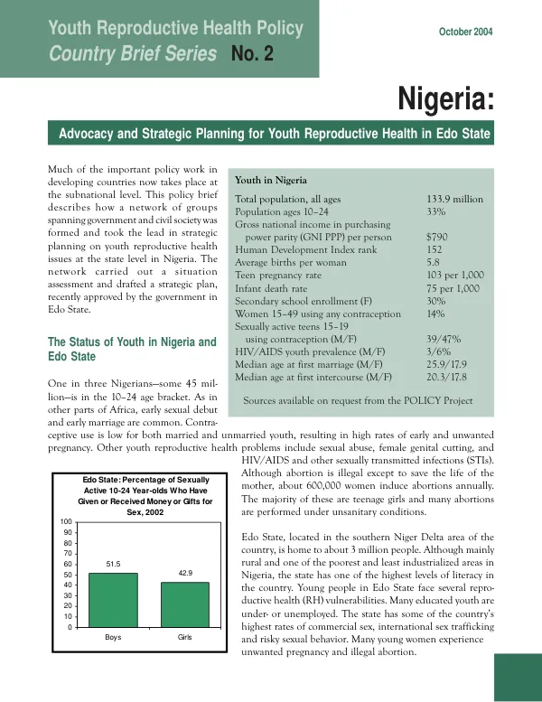Nigeria : advocacy and strategic planning for youth reproductive health in Edo State