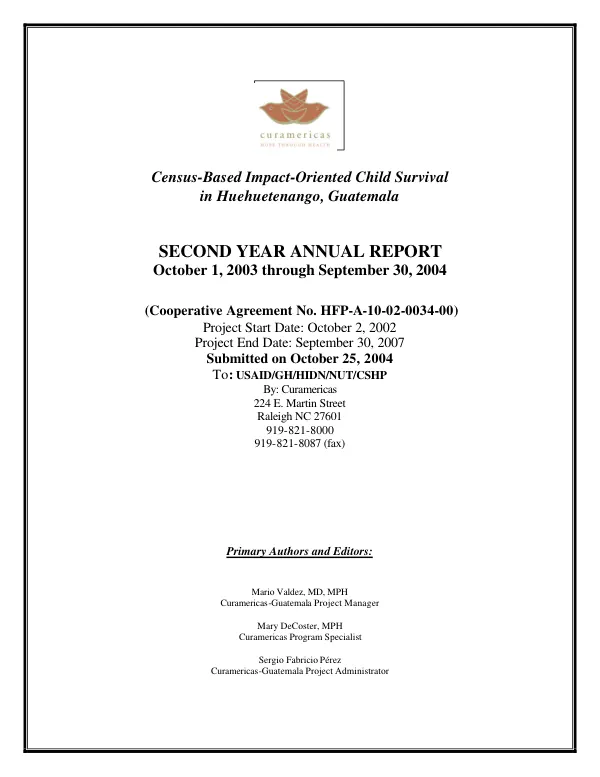 Census-based impact-oriented child survival in Huehuetenango, Guatemala : second year annual report, October 1, 2003 through September 30, 2004 -- (cooperative agreement no. HFP-A-10-02-0034-00 [ie. HFP-A-00-02-00034-00])