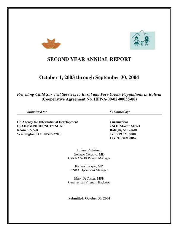 Second year annual report, October 1, 2003 through September 30, 2004 : providing child survival services to rural and peri-urban populations in Bolivia (cooperative agreement no. HFP-A-00-02-00035-00)
