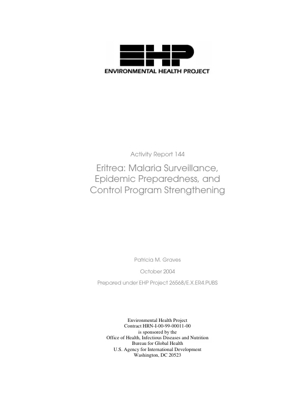 Eritera : malaria surveillance, epidemic preparedness, and control program strengthening