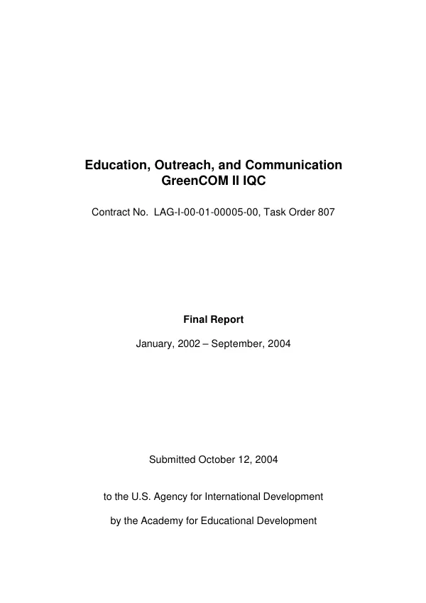 Education, outreach, and communication, GreenCom II IQC [Egypt] : contract no. LAG-I-00-01-00005-00, task order 807 -- final report, January 2002-September 2004
