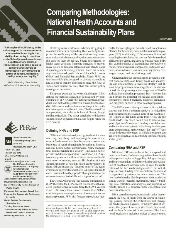 Comparing methodologies : national health accounts [NHA] and financial sustainability plans