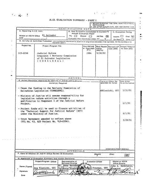 Assessment of performance of CORELESAL (Revisory Commission for Salvadoran Legislation)