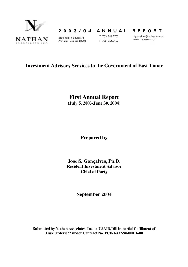 Investment advisory services to the Government of East Timor : first annual report (July 5, 2003-June 30, 2004)