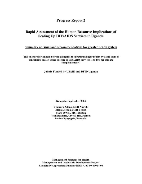 Progress report 2 : rapid assessment of the human resource implications of scaling up HIV/AIDS services in Uganda -- summary of issues and recommendations for greater health system