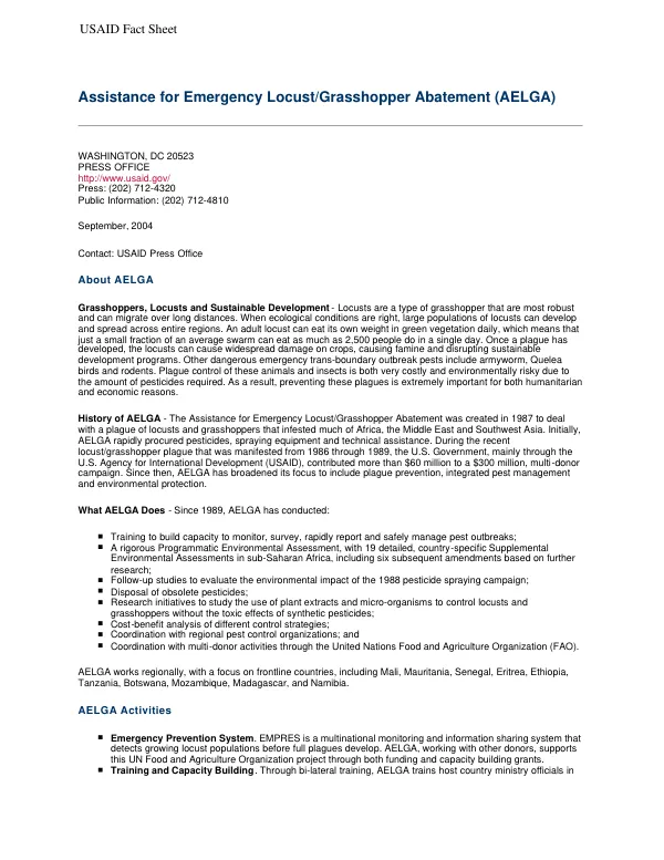 Assistance for emergency locust/grasshopper abatement (AELGA)