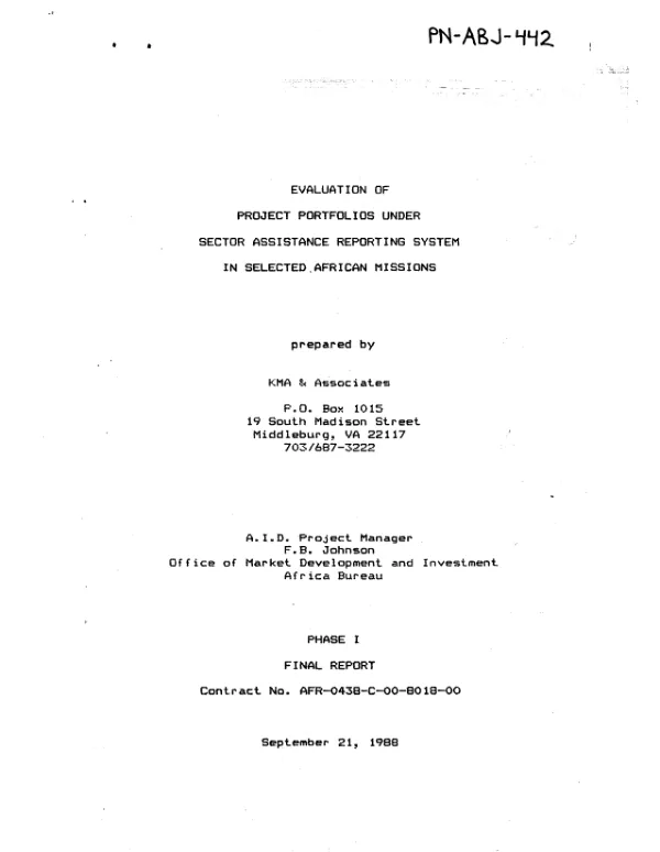 Evaluation of project portfolios under sector assistance reporting system in selected African missions : phase I, final report