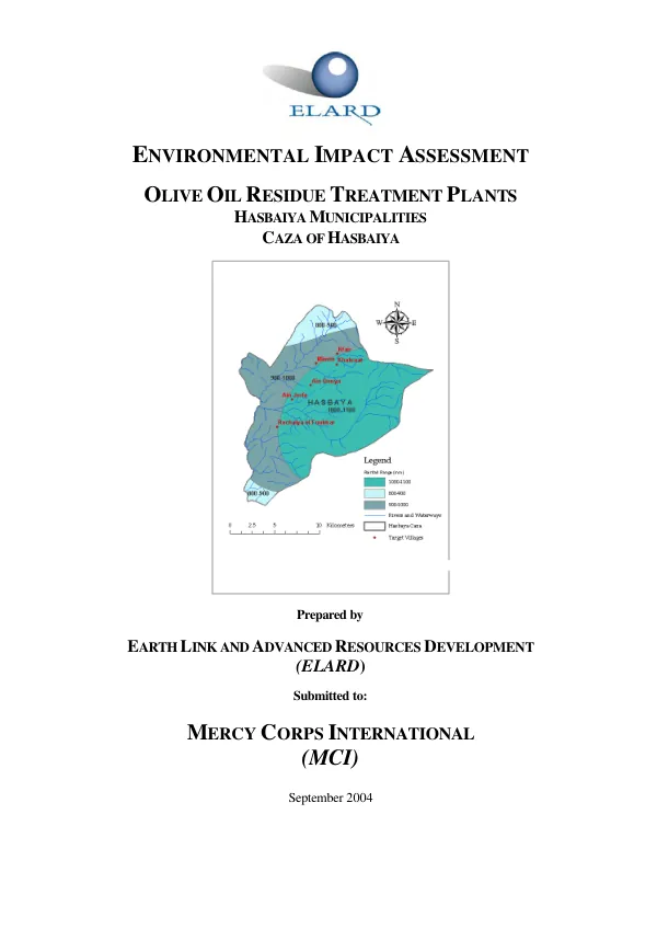 Environmental impact assessment : olive oil residue treatment plants -- Hasbaiya municipalities : Caza of Hasbaiya