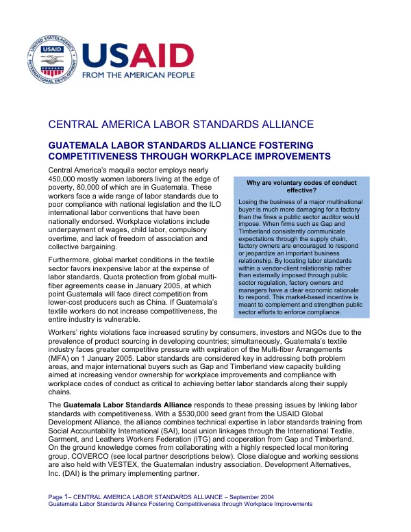 Guatemala labor standards alliance fostering competitiveness through workplace improvements