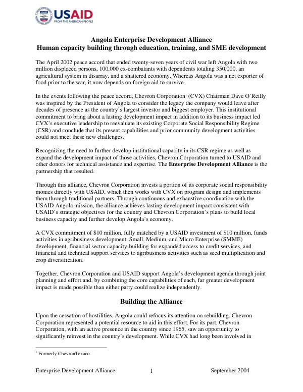 Angola enterprise development alliance : human capacity building through education, training, and SME development