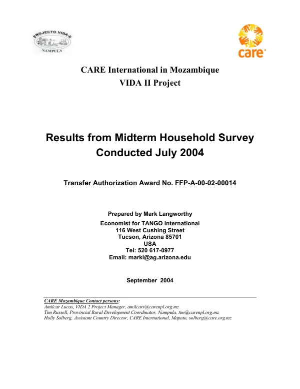 Care Intermational in Mozambique : VIDA II project -- results from midterm household survey conducted July 2004