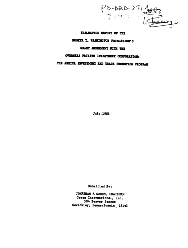 Evaluation report of the Booker T. Washington Foundation's grant agreement with the Overseas Private Investment Corporation : the Africa investment and trade promotion program