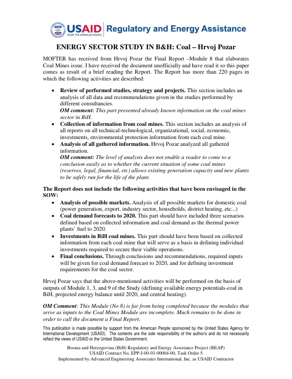[BiH REAP] : energy sector study in B&H : coal [module 8]